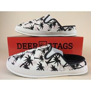 DEER STAGS Slipperooz Spike Slippers Mens 7 White Canvas Palm Print Shoes NWB